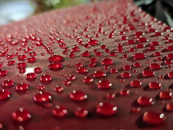 Regen-Perlen auf runway-red